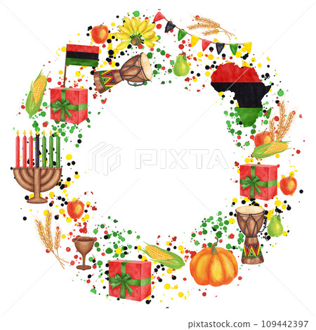 Round wreath frame Kwanzaa. African-American holiday. Kinara, seven burning candles, harvest: pumpkin, bananas, corn, wheat, map flag, gift. Hand drawn watercolor illustration isolated background. Round wreath frame Kwanzaa. African-American holiday. Kinara, seven burning candles, harvest: pumpkin, bananas, corn, wheat, map flag, gift. Hand drawn watercolor illustration isolated background. 109442397