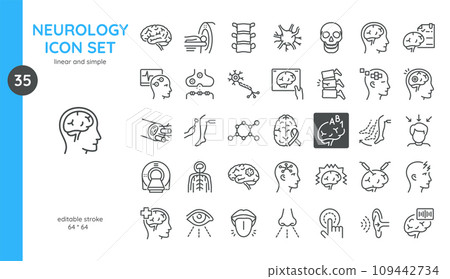 Neurology Icons Set. Thin Linear Illustrations of Brain, Neuron, Spinal cord, Synapse, MRI and CT Scan, Perceptions, Mental Health Diagnostics and Examination. Isolated Outline Vector Signs.  109442734