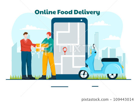 Online Food Delivery Vector Illustration with Order Food on the Phone and it will be Delivered According to the Destination in Flat Cartoon Background Online Food Delivery Vector Illustration with Order Food on the Phone and it will be Delivered According to the Destination in Flat Cartoon Background 109443014