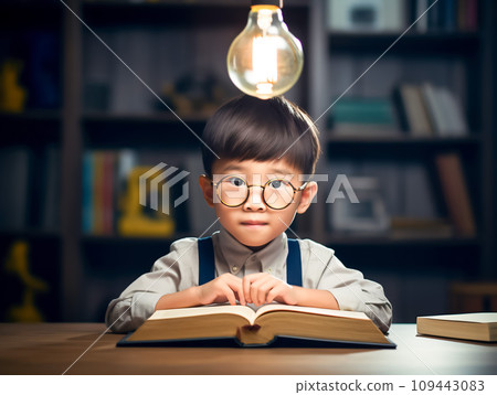 小學生拿著燈泡看書。充滿復古氣息的房間。人工智慧世代 小學生拿著燈泡看書。充滿復古氣息的房間。人工智慧世代 109443083