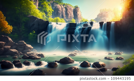 白天背光時從右下角看到的美麗瀑布風景 AI 生成影像 109443195