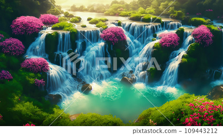 從斜上方看到的瀑布美麗的白天風景,新鮮的綠色植物和盛開的美麗的粉紅色花朵。AI生成的圖像 從斜上方看到的瀑布美麗的白天風景,新鮮的綠色植物和盛開的美麗的粉紅色花朵。AI生成的圖像 109443212