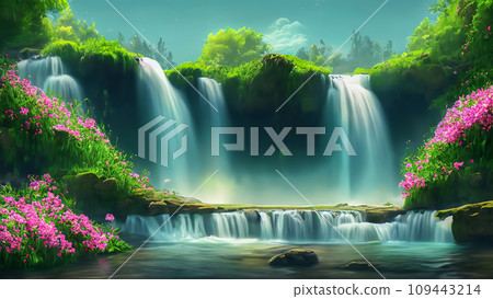 Beautiful daytime waterfall scenery seen from below with fresh greenery and beautiful pink flowers blooming AI-generated image 109443214