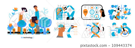 Bio Technology -modern flat vector concept illustration of improving aspects of healthcare, agriculture, environmental sustainability, industrial processes. Metaphor of bridging Science and Nature 109443374