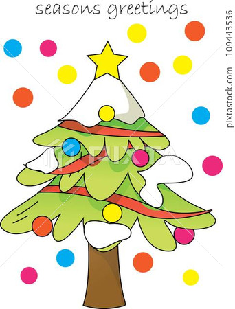 A cheerful cartoon Christmas tree covered in colorful polka dots and topped with a star gleams against a crisp white background. 109443536