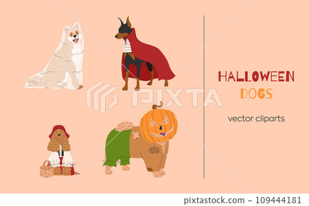 Dogs in different Halloween costume. Ghost, vampire, little girl and scarecrow. Happy Halloween vector illustration. Ideal for holiday cards 109444181