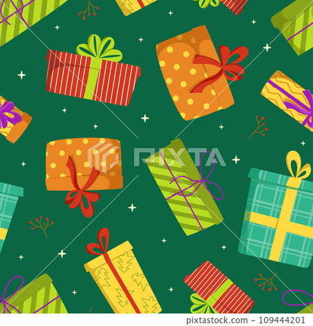 Bright vector seamless pattern with colorful gift boxes for Christmas and Happy new year. Ideal for christmas design and gift 109444201