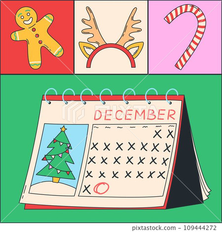 Christmas holiday icon set with calendar of December. Vector illustration. Modern style Christmas and Happy New Year background. Colorful square composition Christmas holiday icon set with calendar of December. Vector illustration. Modern style Christmas and Happy New Year background. Colorful square composition 109444272