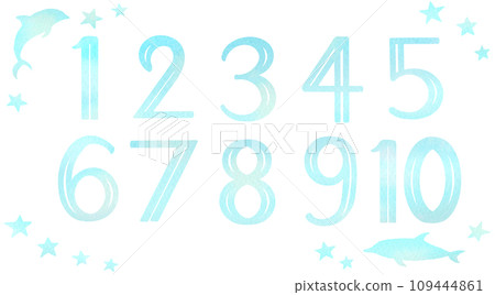 透過剪下海洋彩色水彩畫製成的 1 到 10 的數字圖示。 109444861