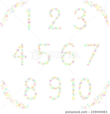 Number icons from 1 to 10 made of pastel colored petals. Uses watercolor illustrations. 109444863