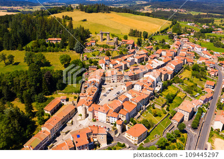 General view of Allegre village with ruined castle in summer, France 109445297