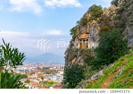 Rock hewn tombs at ancient Telmessos in Lycia, Fethiye, Turkey 109445373