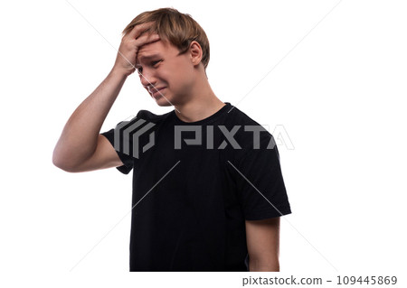 Portrait of a European handsome blond teenager guy worried about a problem Portrait of a European handsome blond teenager guy worried about a problem 109445869