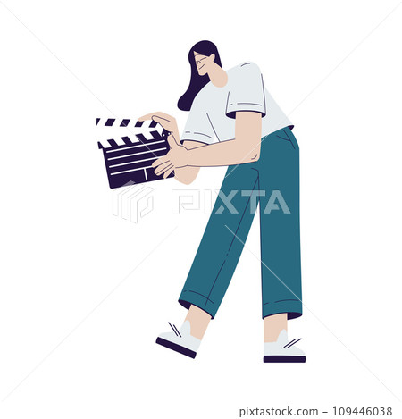 Cinema with Woman Character Stand with Clapperboard Engaged in Movie Shooting Vector Illustration Cinema with Woman Character Stand with Clapperboard Engaged in Movie Shooting Vector Illustration 109446038