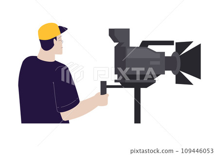Cinema with Man Character Stand with Camera Engaged in Movie Shooting Vector Illustration Cinema with Man Character Stand with Camera Engaged in Movie Shooting Vector Illustration 109446053