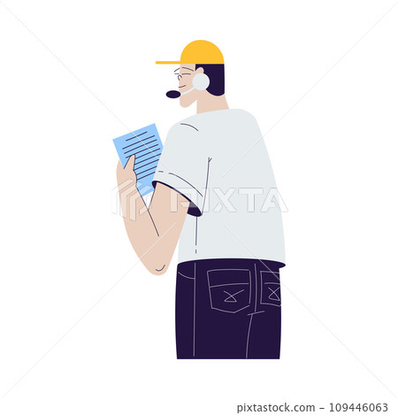 Cinema with Man Character Stand with Script Engaged in Movie Shooting Vector Illustration Cinema with Man Character Stand with Script Engaged in Movie Shooting Vector Illustration 109446063