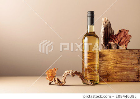 Bottle of white wine with a composition of old plank, dry snags, and dried vine leaves. Bottle of white wine with a composition of old plank, dry snags, and dried vine leaves. 109446383