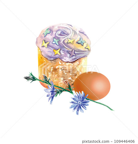 Easter cake, egg and chicory branch. Vector illustration in watercolor style. Design element for greeting cards, invitations, holiday banners, covers. Easter cake, egg and chicory branch. Vector illustration in watercolor style. Design element for greeting cards, invitations, holiday banners, covers. 109446406