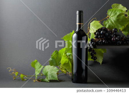 Bottle of red wine with blue grapes and vine branches. 109446413
