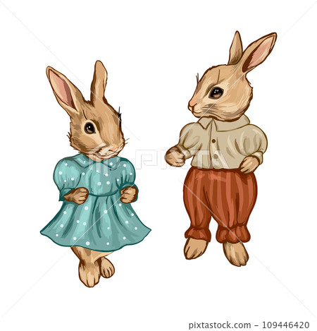 Two rabbits, a boy rabbit and a girl rabbit. Vector illustration for Easter holiday. Design element for greeting cards, invitations, covers, banners. 109446420