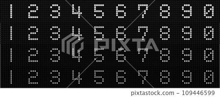 Square and round dot digital numbers. Numbers often seen on electronic bulletin boards, clocks, timers, and time displays. 109446599