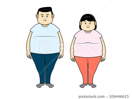 一個胖男人和一個女人的插圖。一對夫婦因生活方式相關疾病而變得肥胖，並開始節食。 109446625
