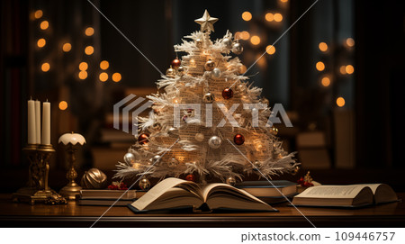 AI-generated content. A creative cute little Christmas tree made of book leaves stands on a vintage wooden table 109446757