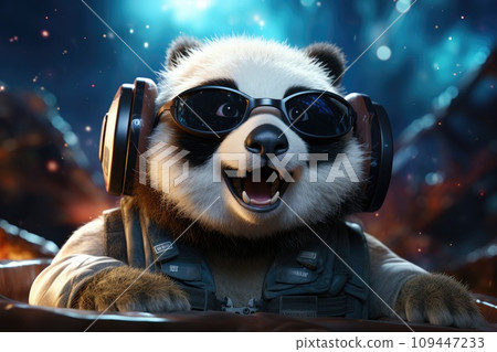AI-generated content. Panda wearing VR headset, surreal worlds and colorful. background Generative AI 109447233