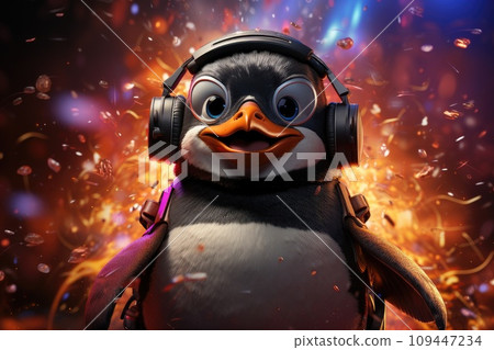 AI-generated content. Penguin wearing VR headset, surreal worlds and colorful. background Generative AI 109447234