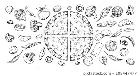 Hand drawn vector ink illustration. Pizza dough slice, assorted ingredients, Italian cuisine sketch. Composition isolated on white. Design for restaurant menu, cafe, food shop or package, flyer print. 109447477