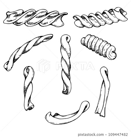 Hand drawn vector ink illustration. Pasta Italian cuisine gemelli casarecce fusilli rotini,. Set of single object elements isolated on white. For restaurant, menu, food shop and package, flyer, print. 109447482