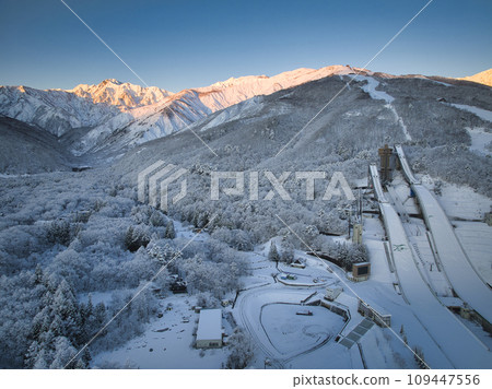 Beautiful Morgenrot and jumping platform of Mt. Goryu and Mt. Karamatsu, Hakuba Village, Nagano Prefecture (aerial shot by drone) Beautiful Morgenrot and jumping platform of Mt. Goryu and Mt. Karamatsu, Hakuba Village, Nagano Prefecture (aerial shot by drone) 109447556