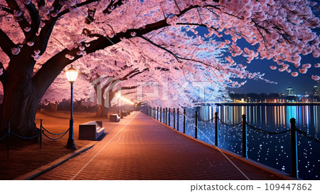 Scenery of cherry blossoms at night, night view of cherry blossoms in full bloom, AI-generated image 109447862