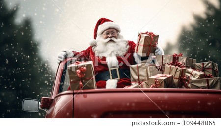 AI-generated content. Smiling Santa on truck of presents 109448065