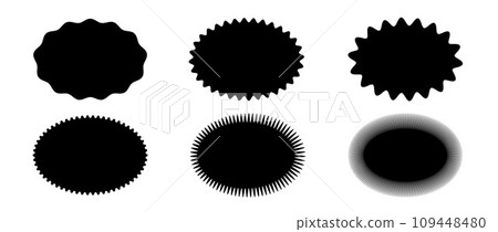 Wavy edge ellipse shape collection. Jagged zig zag oval elements set. Black graphic design elements for decoration, banner, poster, template, sticker, badge, label, tag, emblem. Vector bundle 109448480