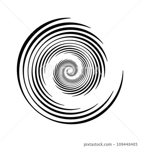 Spiral lines element. Radial spinning stripes texture. Black circle swirl shape. Abstract geometric background design for poster, banner, logo, icon, collage, label, tag, emblem. Vector illustration Spiral lines element. Radial spinning stripes texture. Black circle swirl shape. Abstract geometric background design for poster, banner, logo, icon, collage, label, tag, emblem. Vector illustration 109448485
