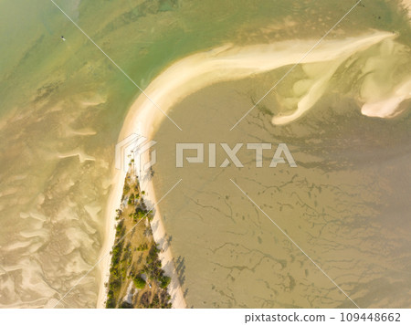 Summer sea nature background,Aerial view of texture sand water background,Sea surface ocean waves background,Top view beach background 109448662
