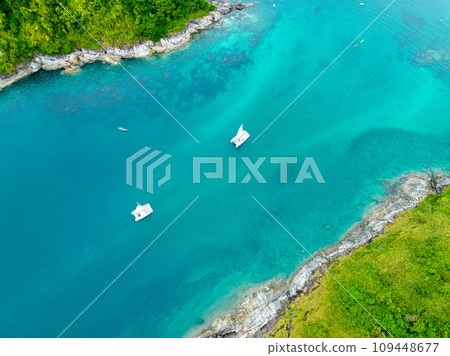 Aerial view seashore with mountains at Phuket Thailand, Beautiful seacoast view at open sea in summer season,Nature recovered Environment and Travel background 109448677