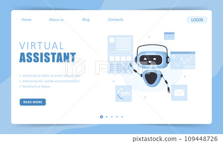 Virtual assistant. Landing page template. Chatbot character. Online customer support. Artificial intelligence. Vector illustration in flat cartoon style 109448726