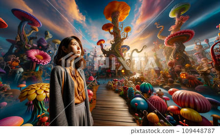 A woman lost in wonderland (AI generated image) 109448787