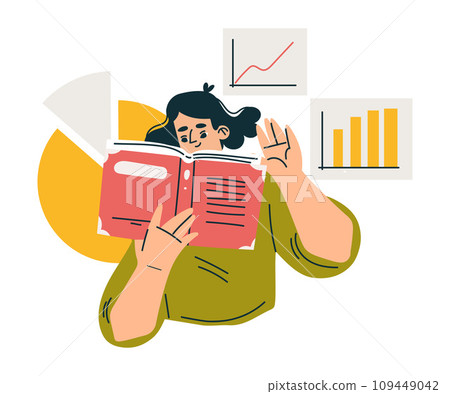 Investment in Stock with Woman Character Read Book Trading Gaining Profit Vector Illustration 109449042