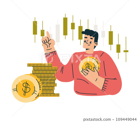 Investment in Stock with Man Character at Candlestick with Coin Trading Gaining Profit Vector Illustration Investment in Stock with Man Character at Candlestick with Coin Trading Gaining Profit Vector Illustration 109449044