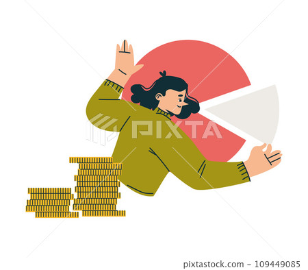 Investment in Stock with Woman Character at Pie Chart and Coins Trading Gaining Profit Vector Illustration 109449085
