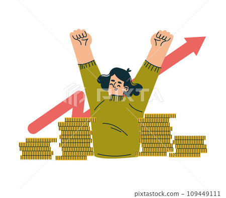 Investment in Stocks with Woman Character Cheer Raising Hands Up Trading Gaining Profit Vector Illustration Investment in Stocks with Woman Character Cheer Raising Hands Up Trading Gaining Profit Vector Illustration 109449111