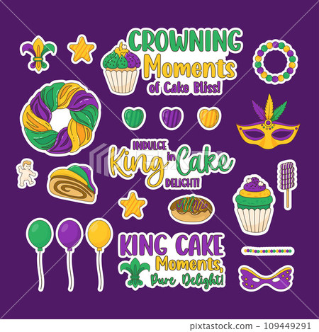 Mardi Gras carnival stickers set. Festive King Cake, cupcake and donuts with colorful icing, baby Jesus toy, balloon, candy, masks, necklaces and holiday phrases. Isolated Vector illustrations 109449291