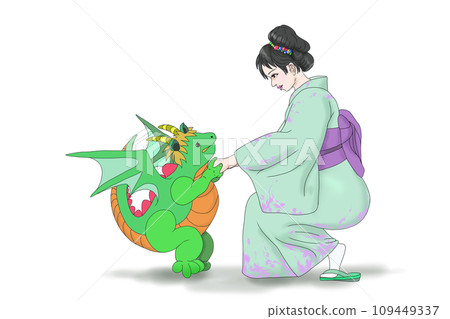 一個美麗的女人牽著小龍的手 一個美麗的女人牽著小龍的手 109449337