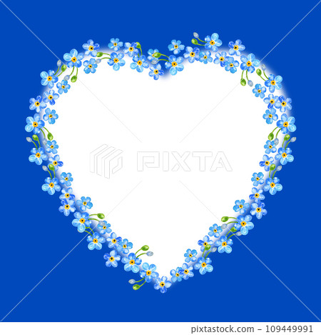 watercolor heart shape white frame of blue spring flowers, illustration of forget me not flowers, hand drawn sketch of blue field flowers with buds isolated on blue background 109449991