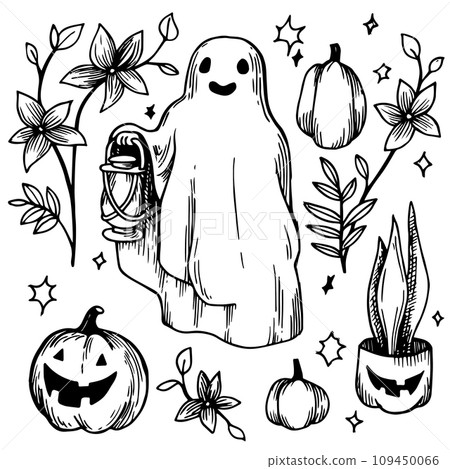 vector drawing set for Halloween, funny ghost, pumpkins and plants. illustration in sketch style, vintage, retro style vector drawing set for Halloween, funny ghost, pumpkins and plants. illustration in sketch style, vintage, retro style 109450066
