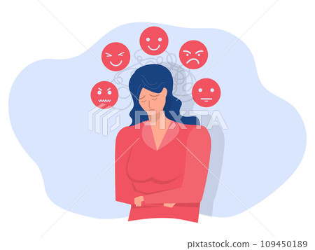 depression with mood, Woman in depression with bewildered thoughts in her brain. happy ,sad,unhappy,suffers from Bipolar disorder.Psychology and mental health vector illustration 109450189