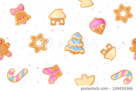 Christmas gingerbread cookie seamless pattern flat. Cartoon new year icon dessert ginger cookie sweet decorated background star snowflake xmas holly tree angel frosted lollipop traditional candy Christmas gingerbread cookie seamless pattern flat. Cartoon new year icon dessert ginger cookie sweet decorated background star snowflake xmas holly tree angel frosted lollipop traditional candy 109450366